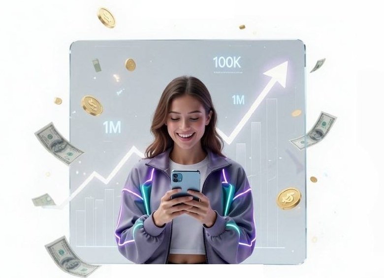 Creator holding a phone beside a growth chart with floating money